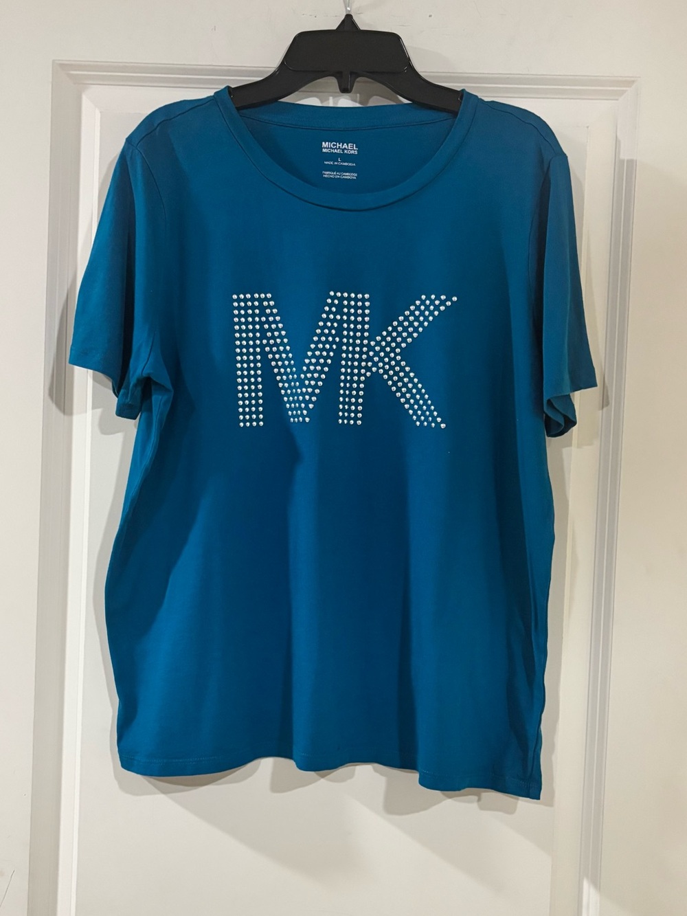 Michael Kors Women Teal Blue Tee with Studded MK Logo - Picture 1 of 3